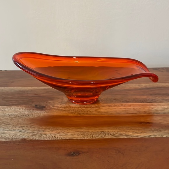Vintage MCM Viking Glass Orange Abstract Pedestal Bowl. Mid-Century Modern. - Picture 1 of 11